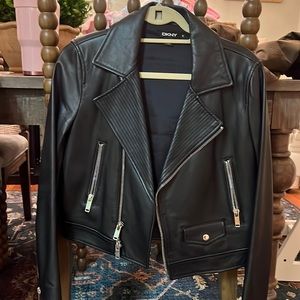 DKNY real leather black moto jacket with silver buckle/zipper detail